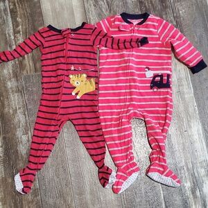 Carter's Red and Pink Striped Footies with Lion and Truck